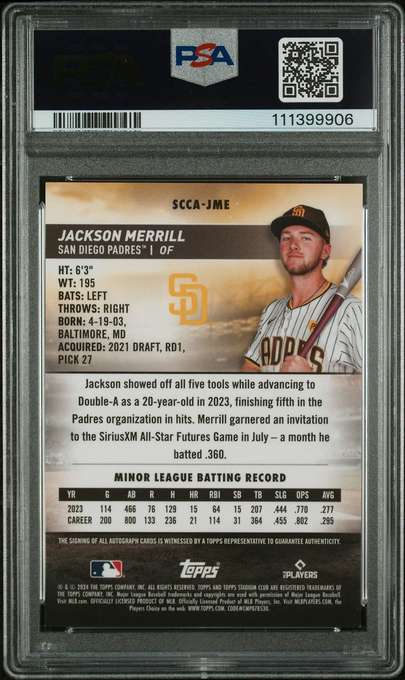 2024 Topps Stadium Club Chrome Autographs Sccajme Jackson Merrill PSA 9