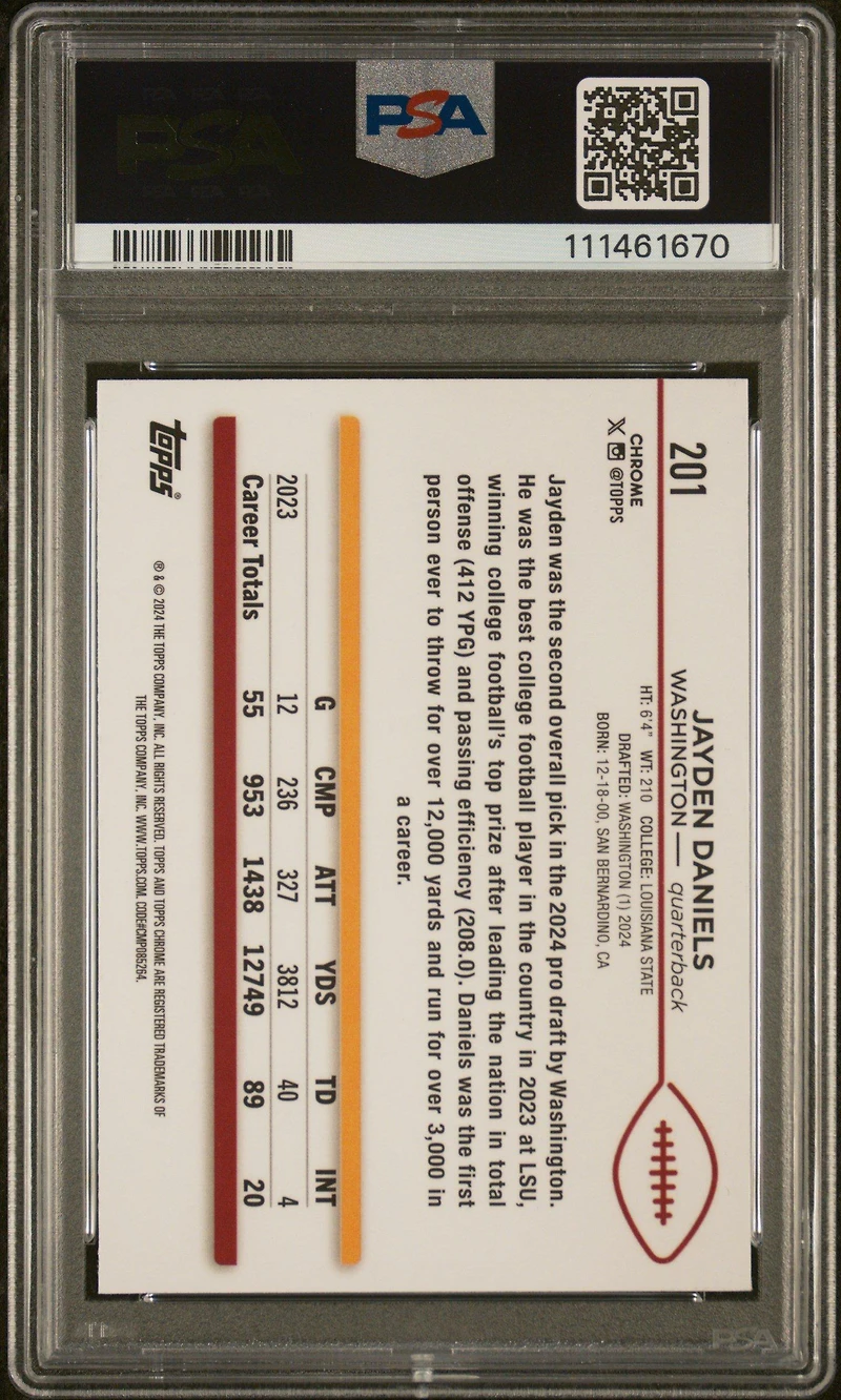2024 Topps Chrome 201 Jayden Daniels Prism Refractor PSA 10