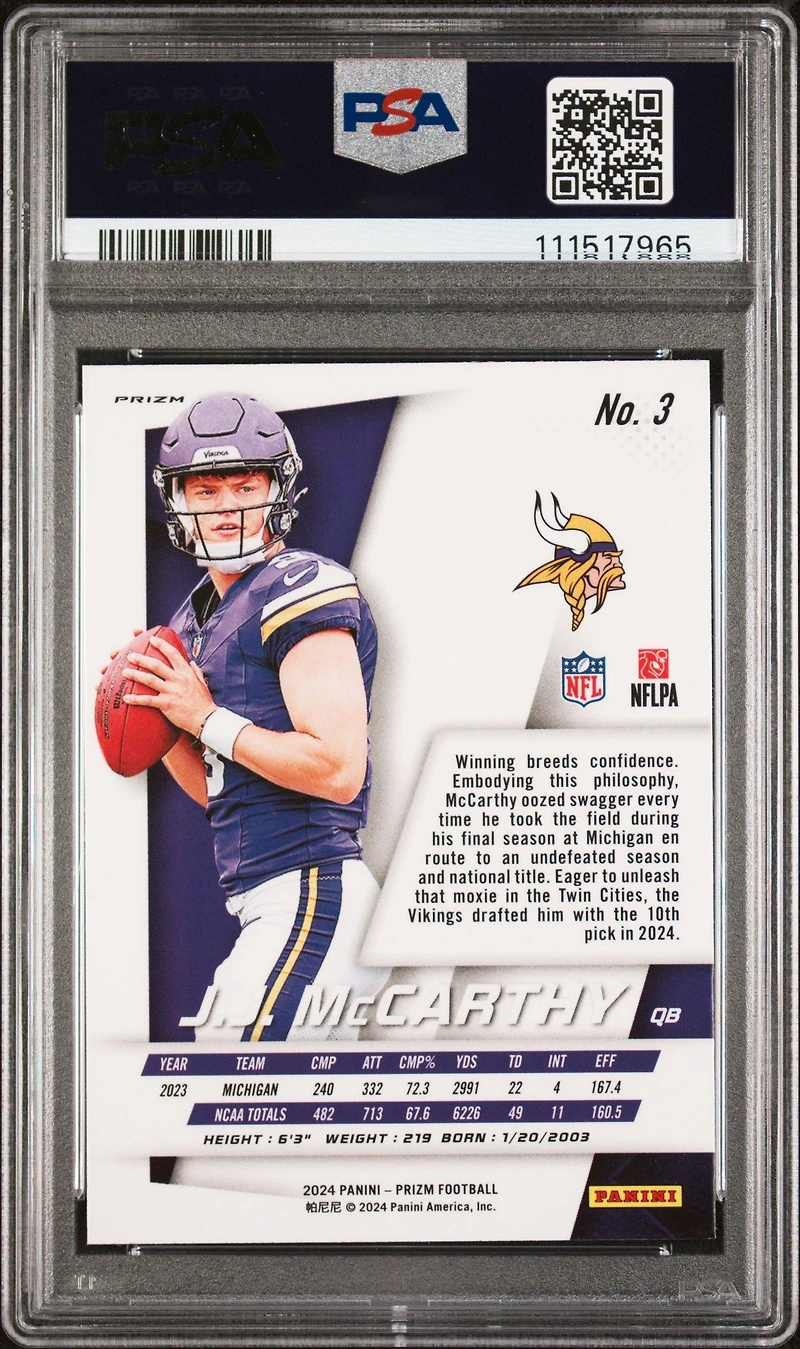 2024 Panini Prizm Prizm Flashback Rookie 3 Jj Mccarthy No Huddle PSA 9