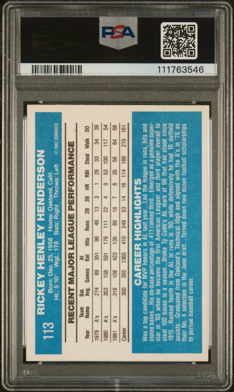 Donruss Rickey Henderson PSA 9