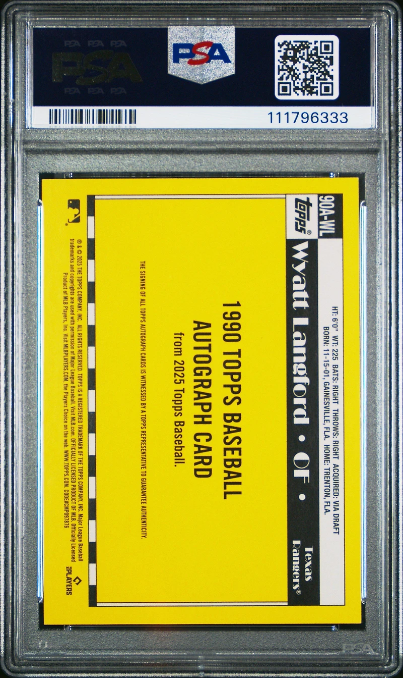 2025 Topps 1990 Topps Baseball Autographs 90awl Wyatt Langford PSA 9