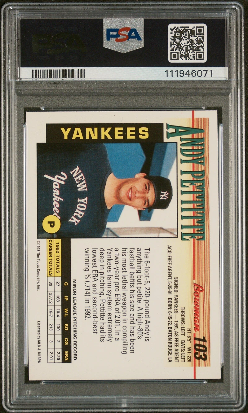 1993 Bowman 103 Andy Pettitte PSA 9