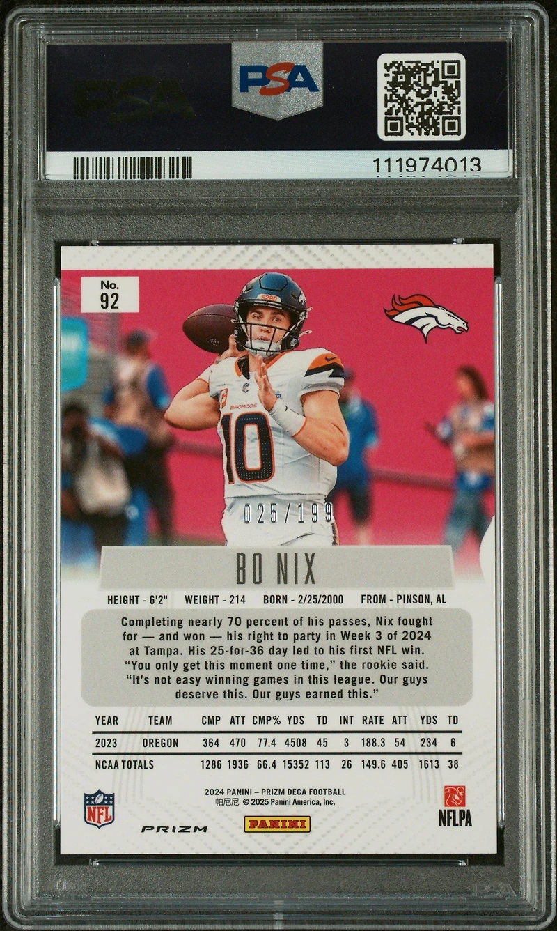 2024 Panini Prizm Deca 92 Bo Nix Red Prizm PSA 9
