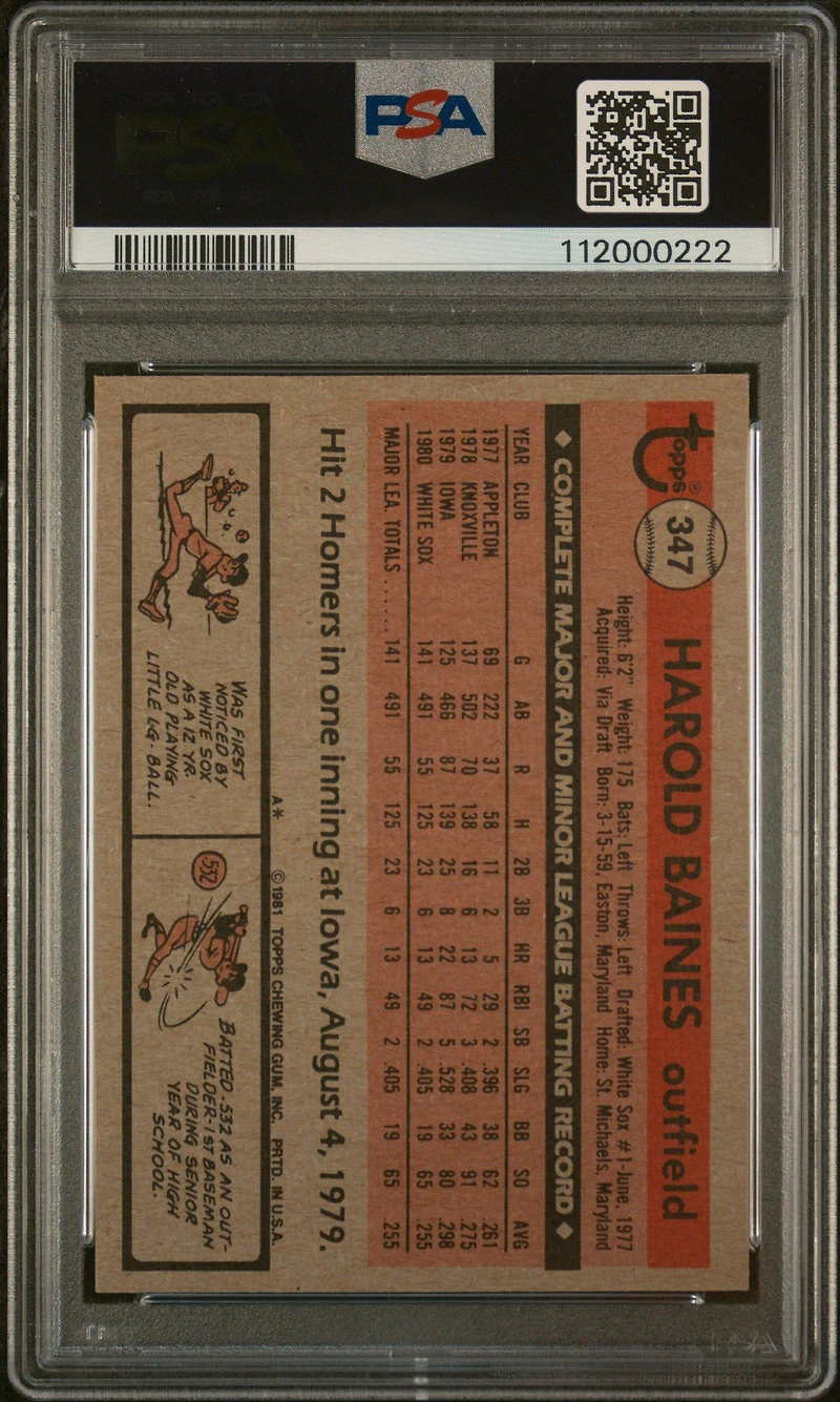 1981 Topps 347 Harold Baines PSA 9