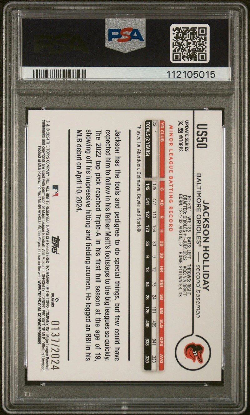 2024 Topps Update Us50 Jackson Holliday Gold PSA 9