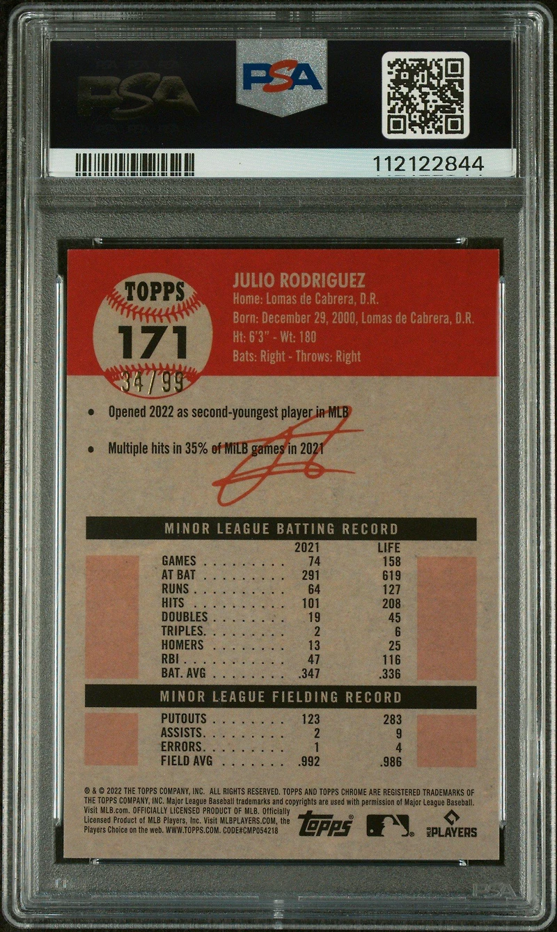 2022 Topps Chrome Platinum Anniversary 171 Julio Rodriguez Green Wave Refractor PSA 10