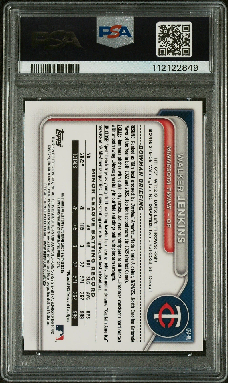 2024 Bowman Chrome Prospect Autographs Cpawj Walker Jenkins PSA 9