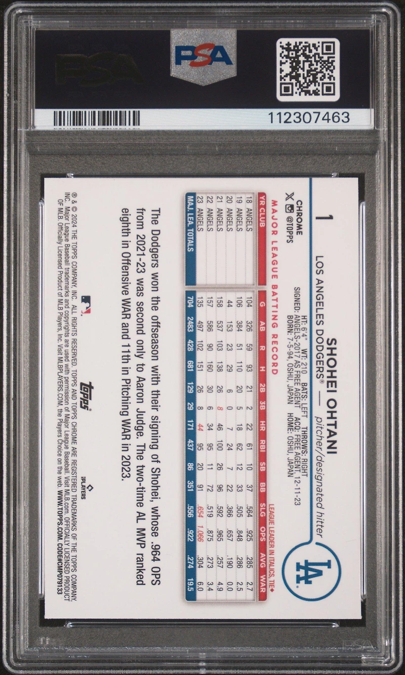 2024 Topps Chrome Logofractor Edition 1 Shohei Ohtani Blue Refractor PSA 10