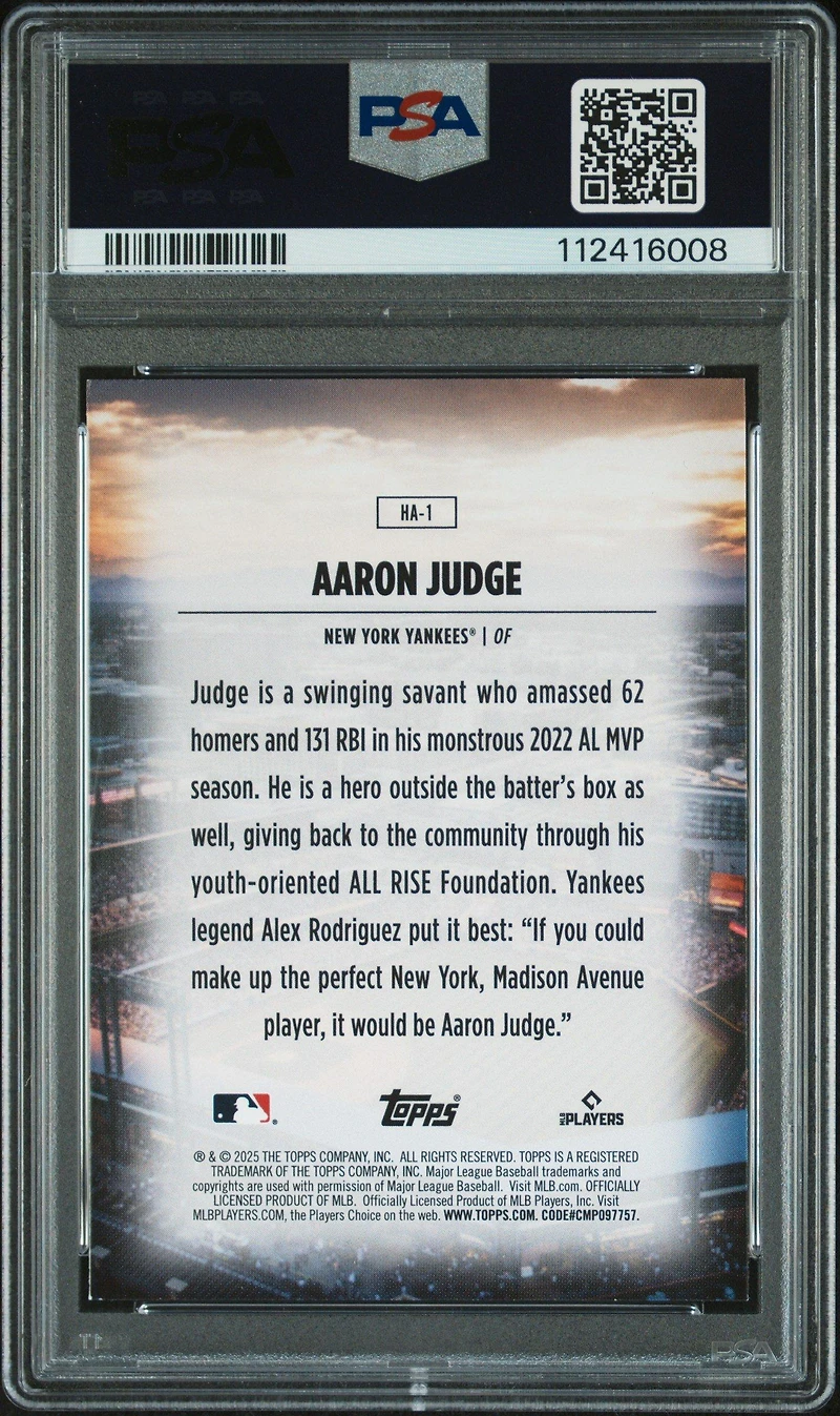 2025 Topps Home Field Advantage Ha1 Aaron Judge PSA 9