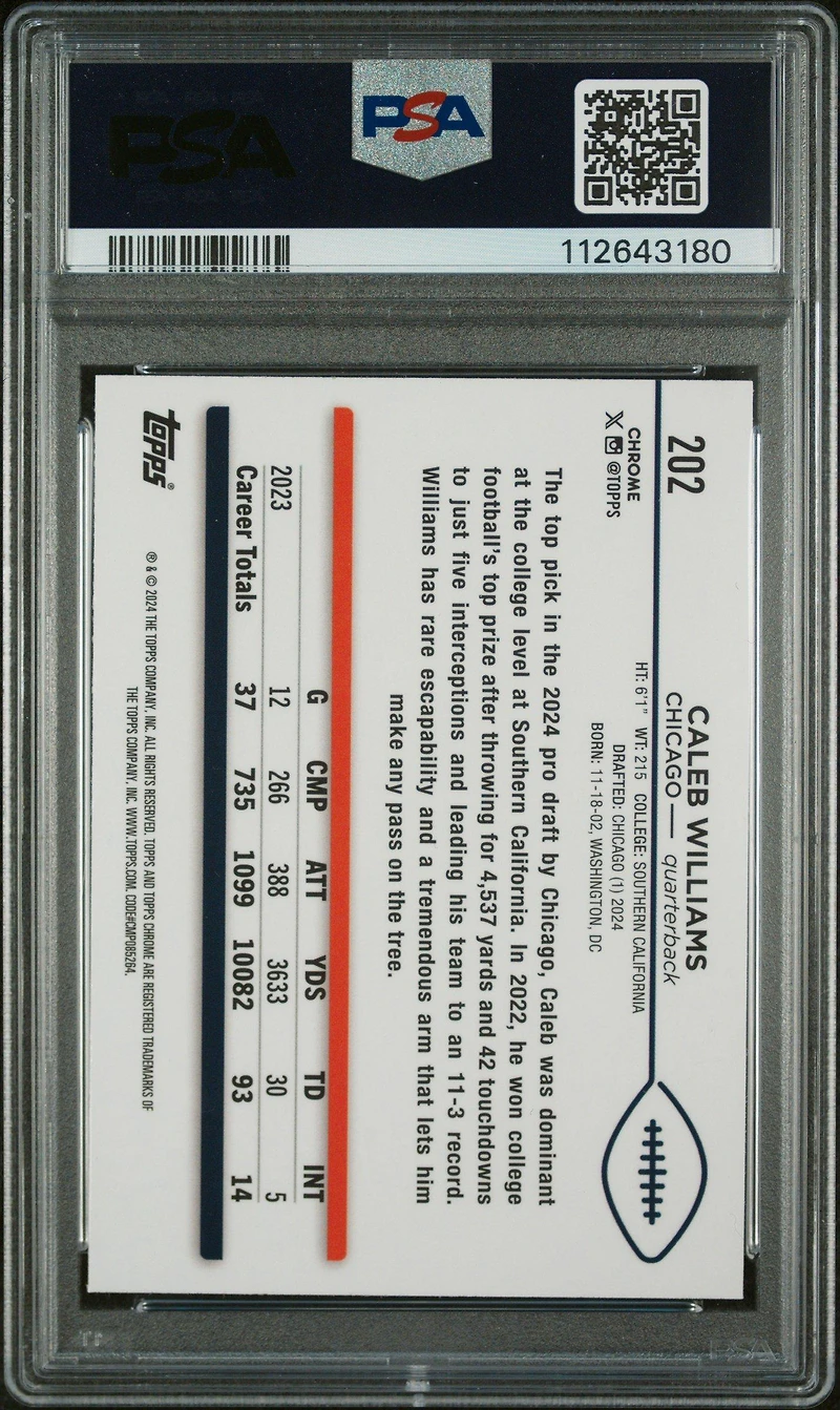 2024 Topps Chrome 202 Caleb Williams Prism Refractor PSA 10