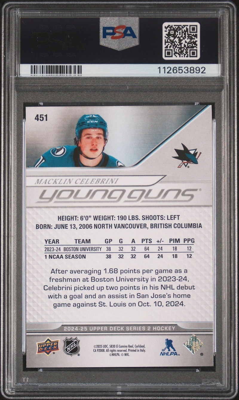 2024 Upper Deck 451 Macklin Celebrini PSA 10