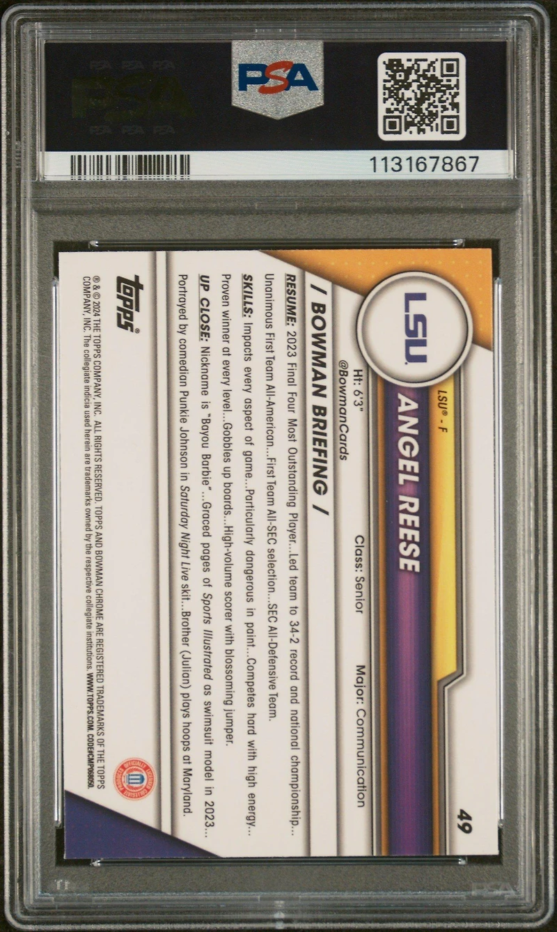 2023 Bowman University Chrome 49 Angel Reese Pink Refractor PSA 10