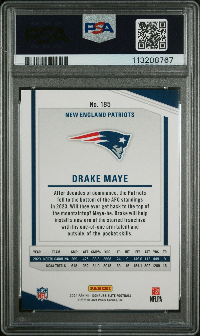 2024 Panini Donruss Elite 185 Drake Maye Status Sparkle PSA 8