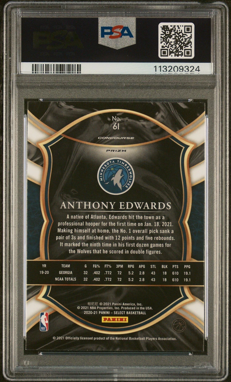 2020 Panini Select 61 Anthony Edwards Silver Prizm PSA