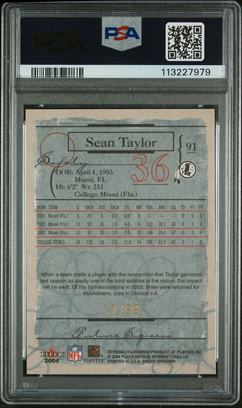 2004 Fleer Sweet Sigs 91 Sean Taylor Gold PSA 10