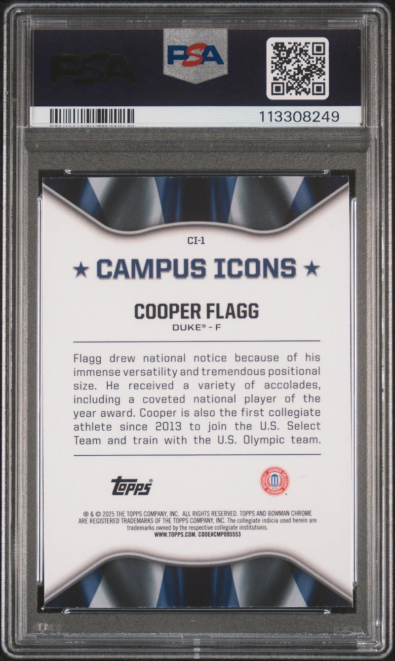 2024 Bowman Chrome University Campus Icons Ci1 Cooper Flagg PSA 9