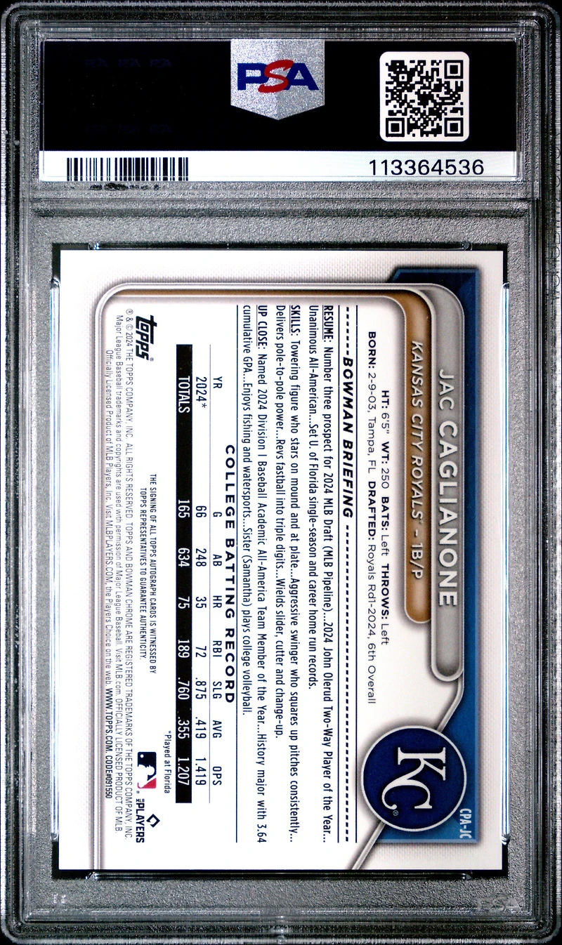 2024 Bowman Draft Chrome Prospect Autographs Cpajc Jac Caglianone PSA 10