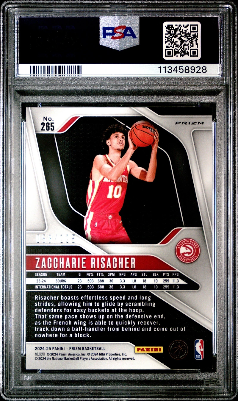 2024 Panini Prizm 265 Zaccharie Risacher Basketball Prizm PSA 10
