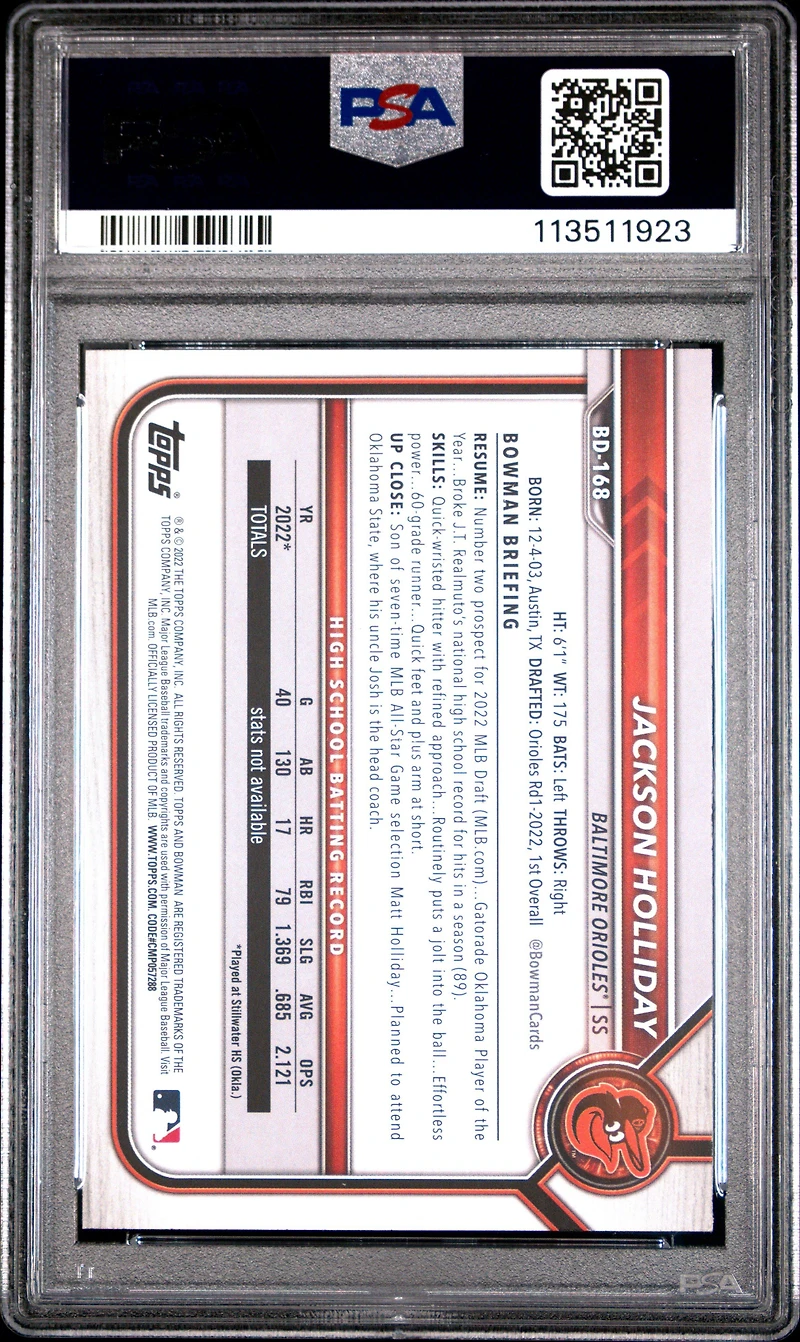 2022 Bowman Draft Bd168 Jackson Holliday PSA 10