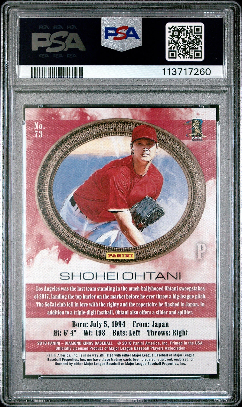 2018 Panini Diamond Kings 73 Shohei Ohtani Pitching/no Pinstripe PSA 10