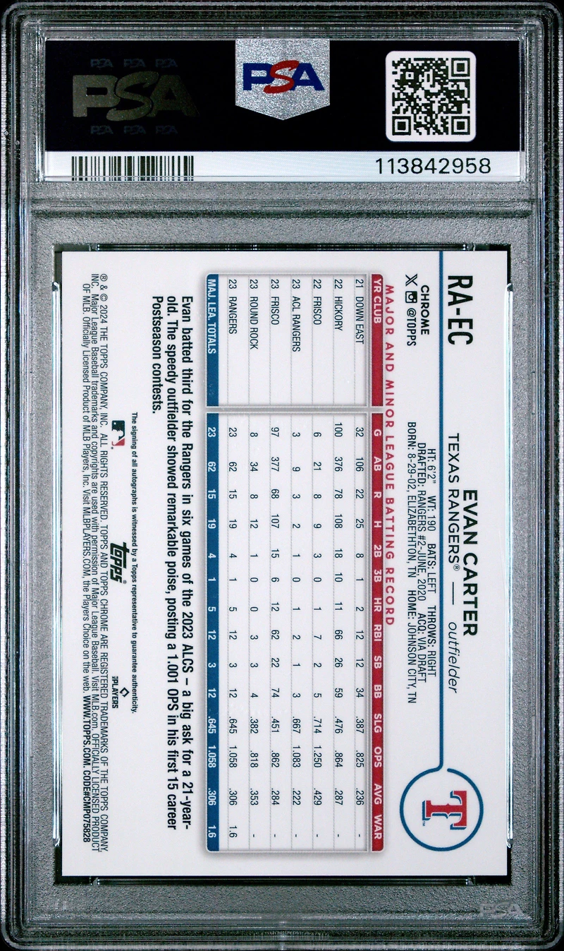 2024 Topps Chrome Rookie Autographs Raec Evan Carter PSA 10