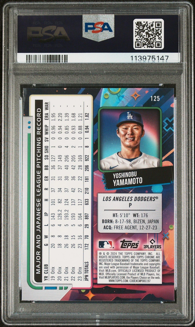 2024 Topps Chrome Cosmic 125 Yoshinobu Yamamoto Purple Nebula Refractor PSA 10