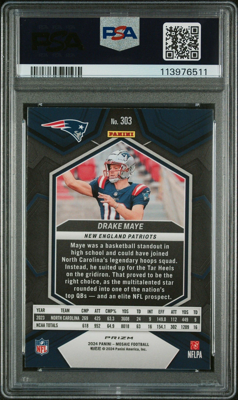 2024 Panini Mosaic 303 Drake Maye Silver No Huddle PSA 10