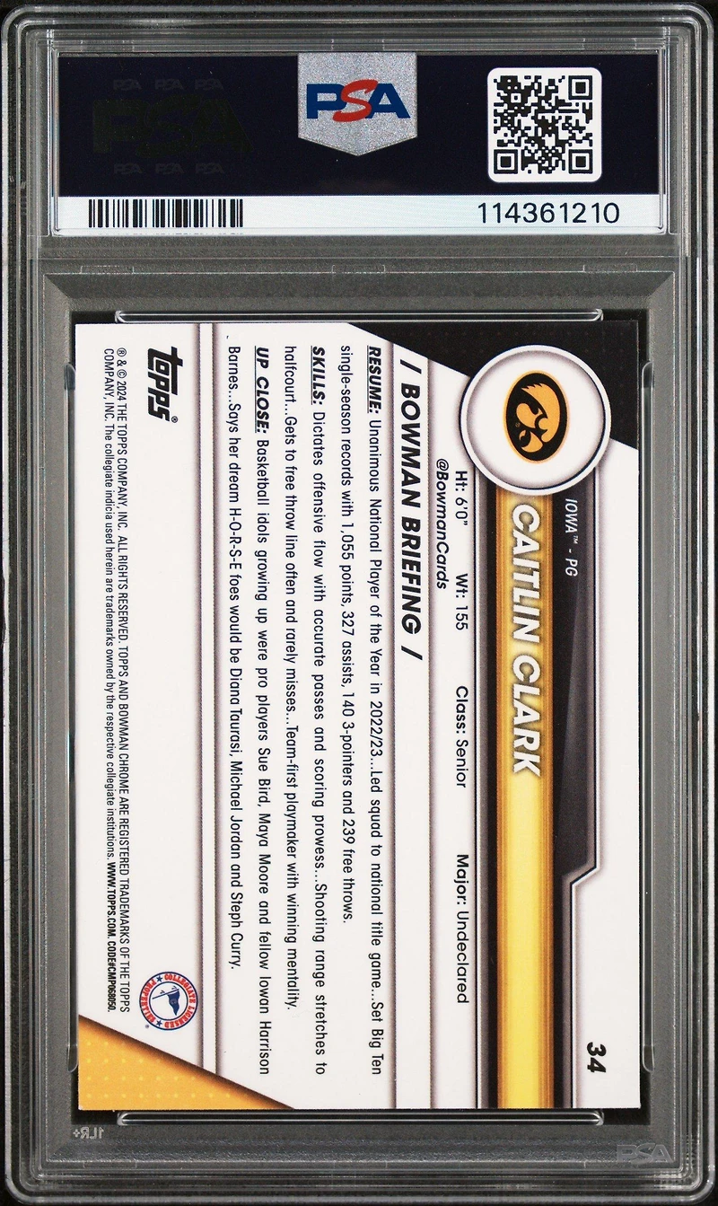 2023 Bowman University Chrome 34 Caitlin Clark PSA