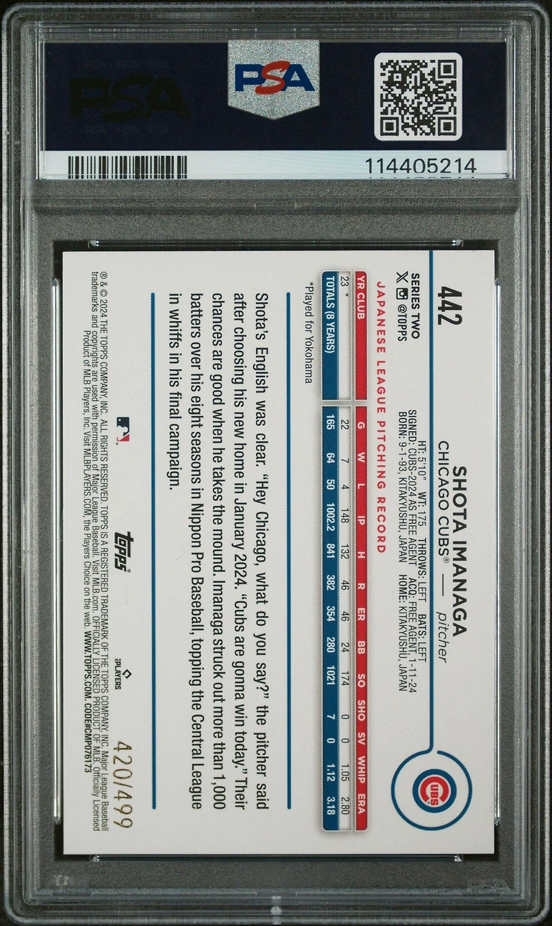 2024 Topps 442 Shota Imanaga Green Crackle Foil Board PSA 10
