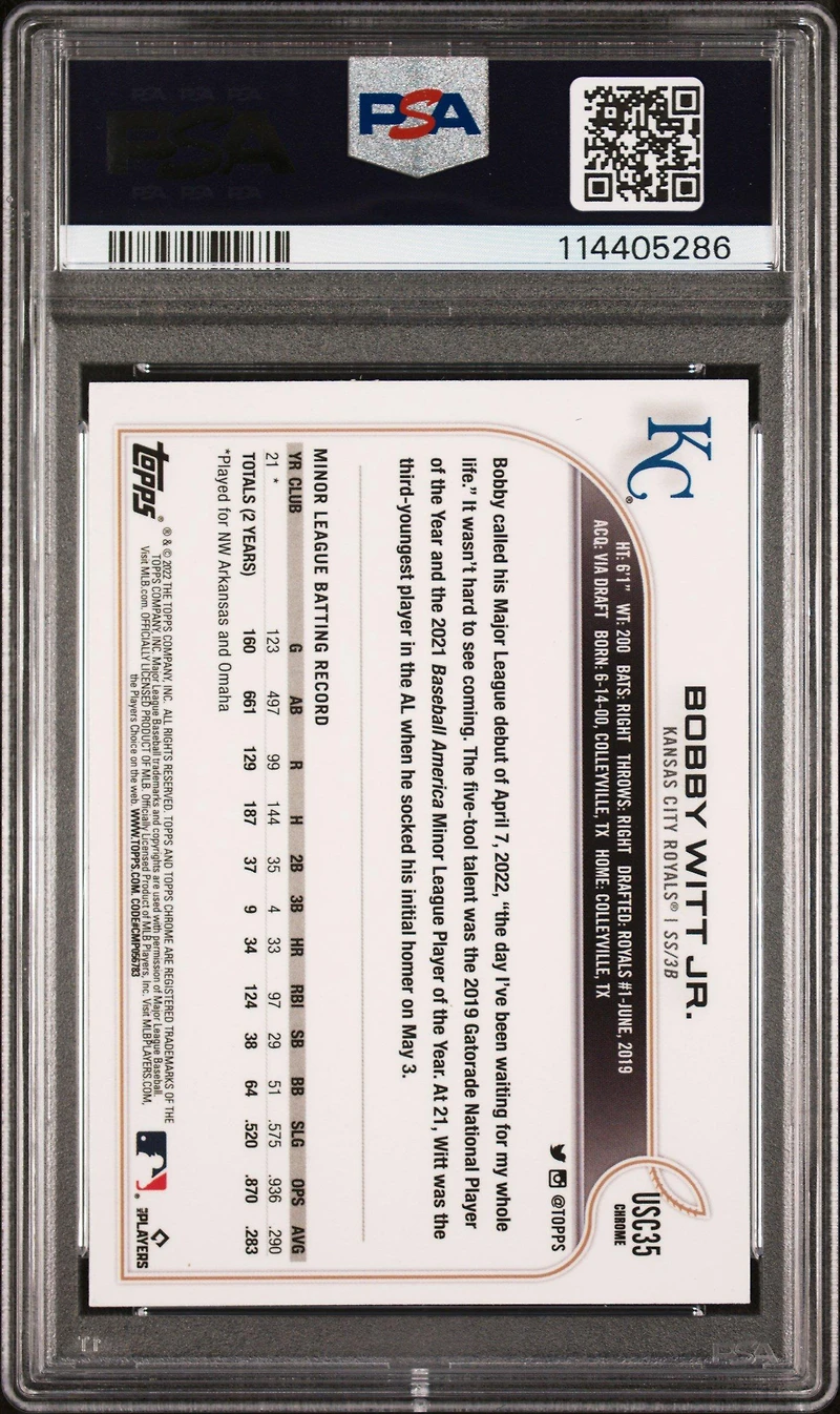 2022 Topps Chrome Update Usc35 Bobby Witt Jr. Purple Refractor PSA 9
