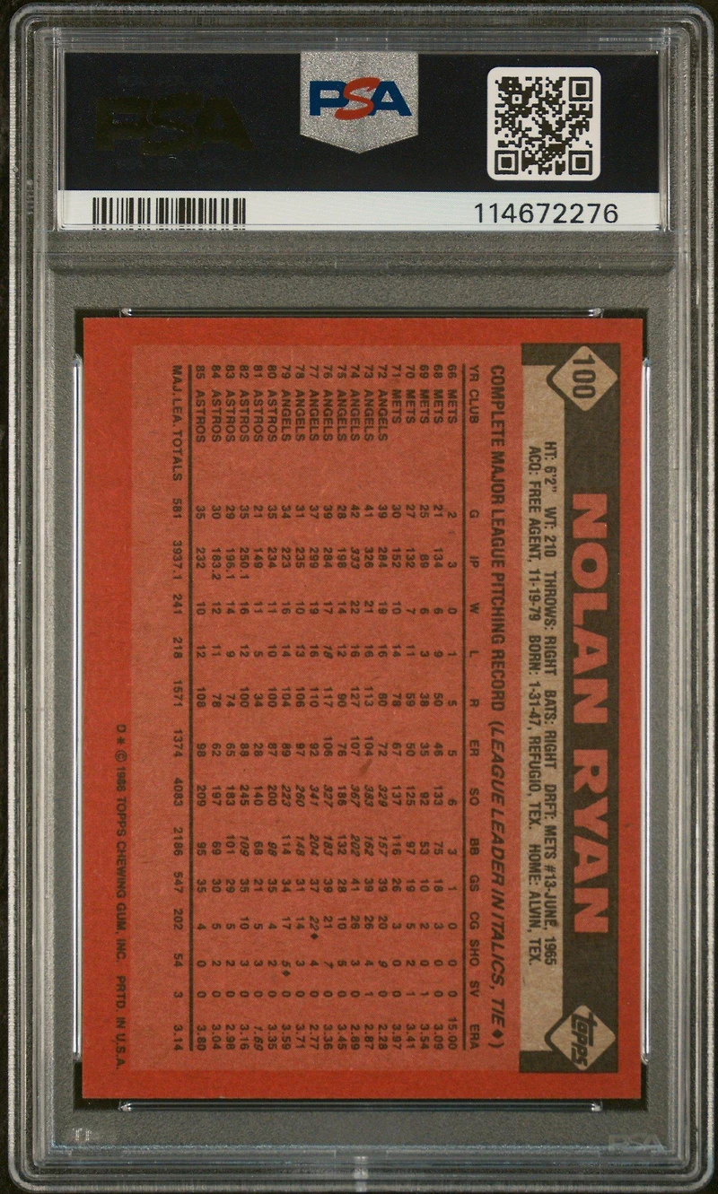 1986 Topps 100 Nolan Ryan PSA 9