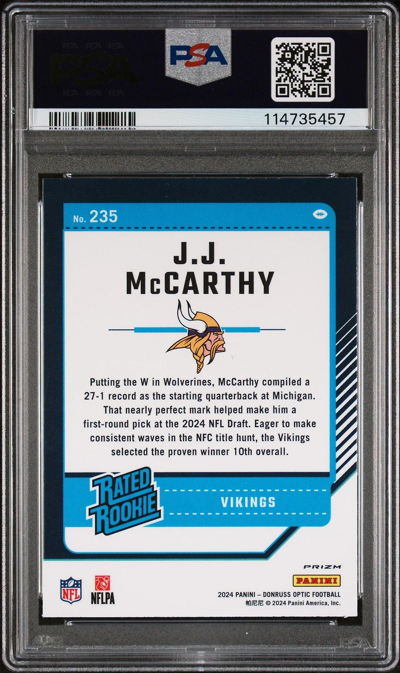 2024 Panini Donruss Optic 235 Jj Mccarthy Blue Hyper PSA