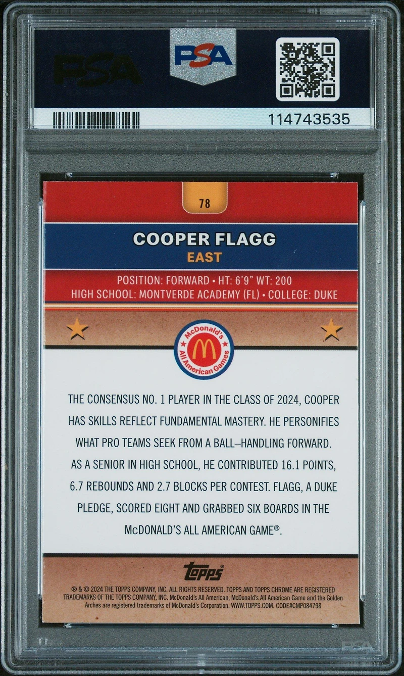 2024 Topps Chrome Mcdonald's All American 78 Cooper Flagg Raywave PSA 10