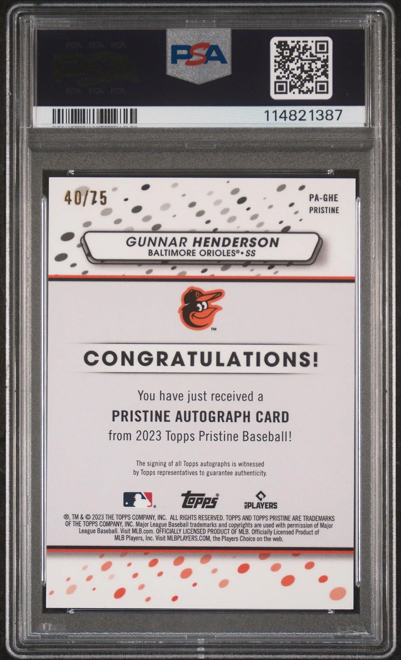2023 Topps Pristine Pristine Autograph Paghe Gunnar Henderson Blue PSA 9
