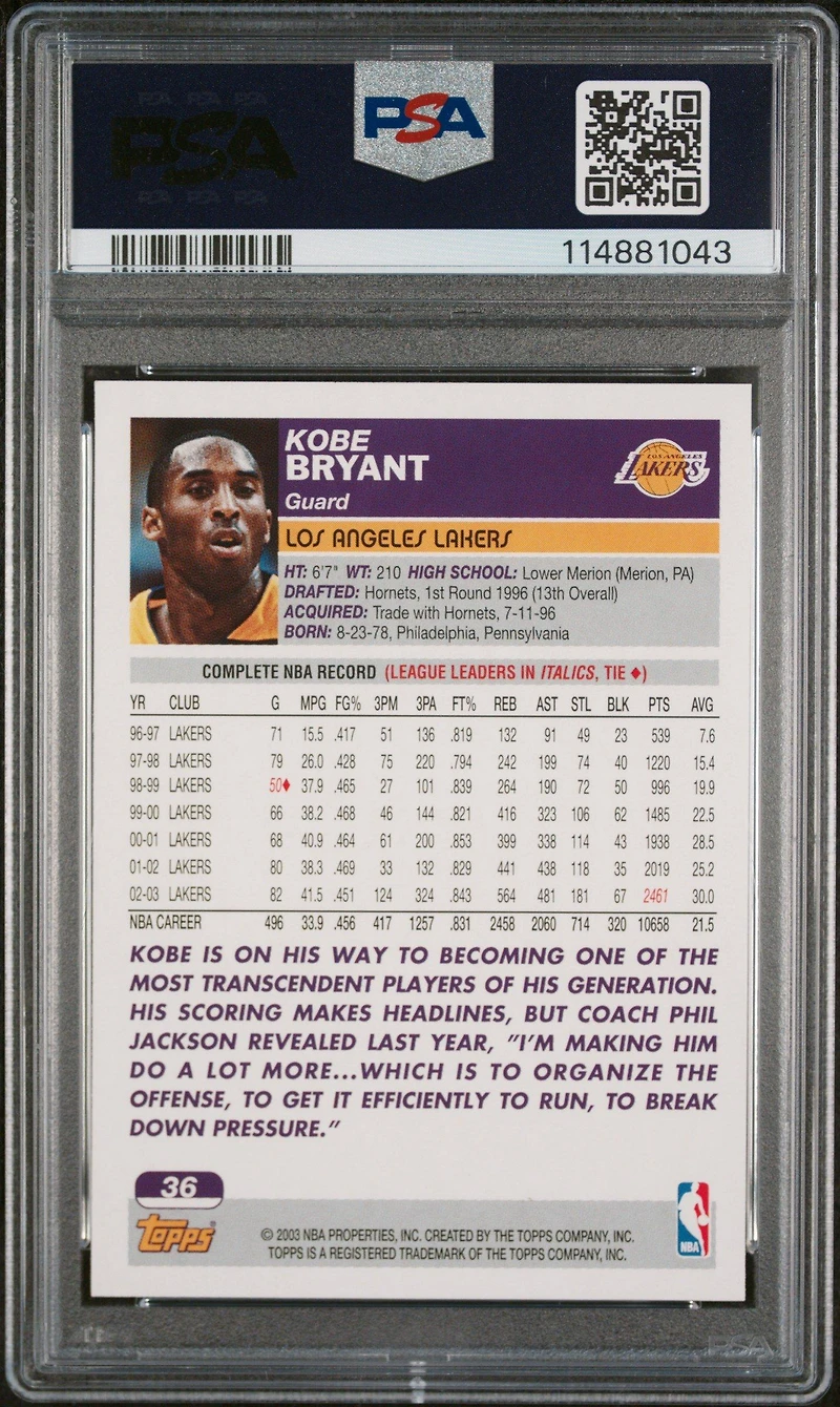 2003 Topps 36 Kobe Bryant Collection PSA 9