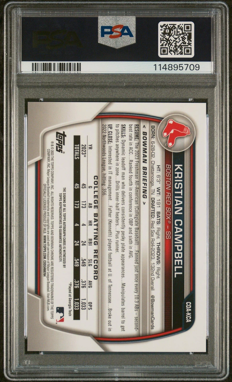 2023 Bowman Draft Chrome Prospect Autograph Cdakca Kristian Campbell PSA 9