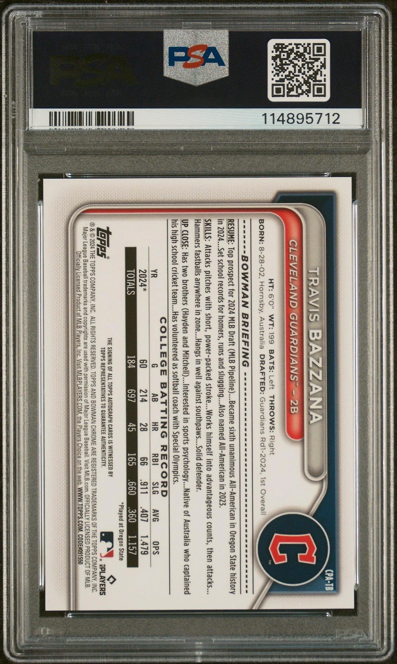 2024 Bowman Draft Chrome Prospect Autographs Cpatb Travis Bazzana PSA 9