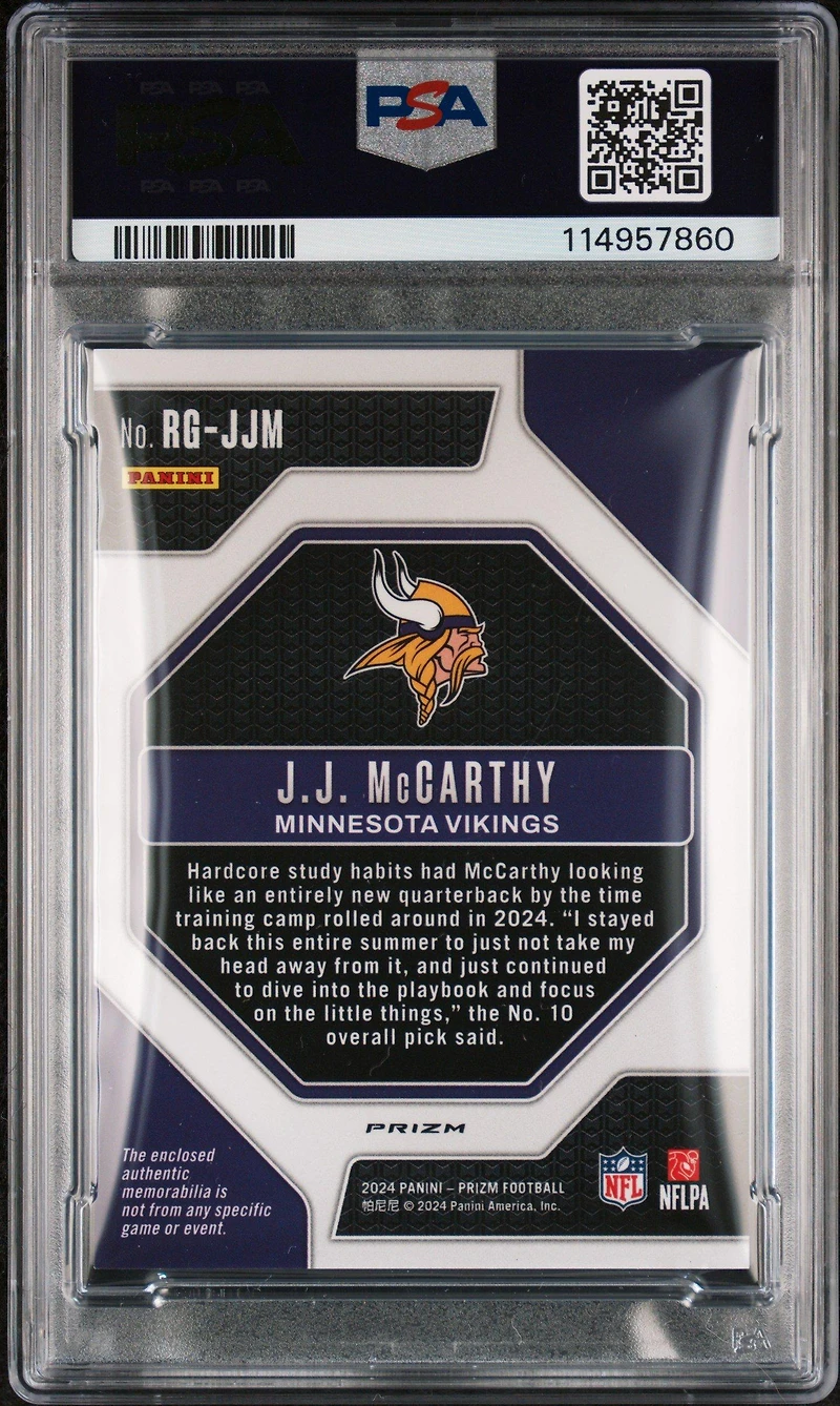 2024 Panini Prizm Rookie Gear Rgjjm Jj Mccarthy Neon Green Pulsar PSA 10