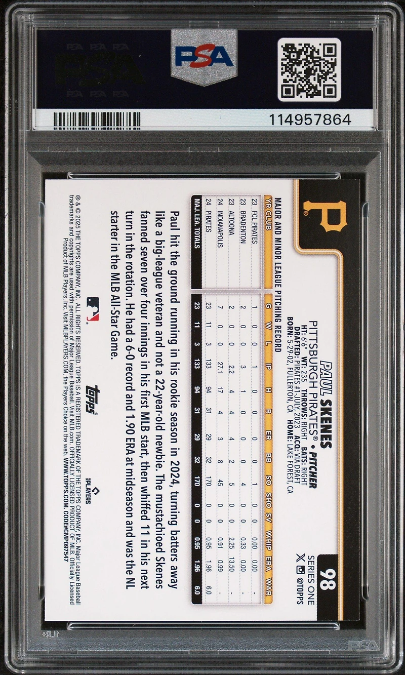 2025 Topps 98 Paul Skenes Rainbow Foil PSA 9