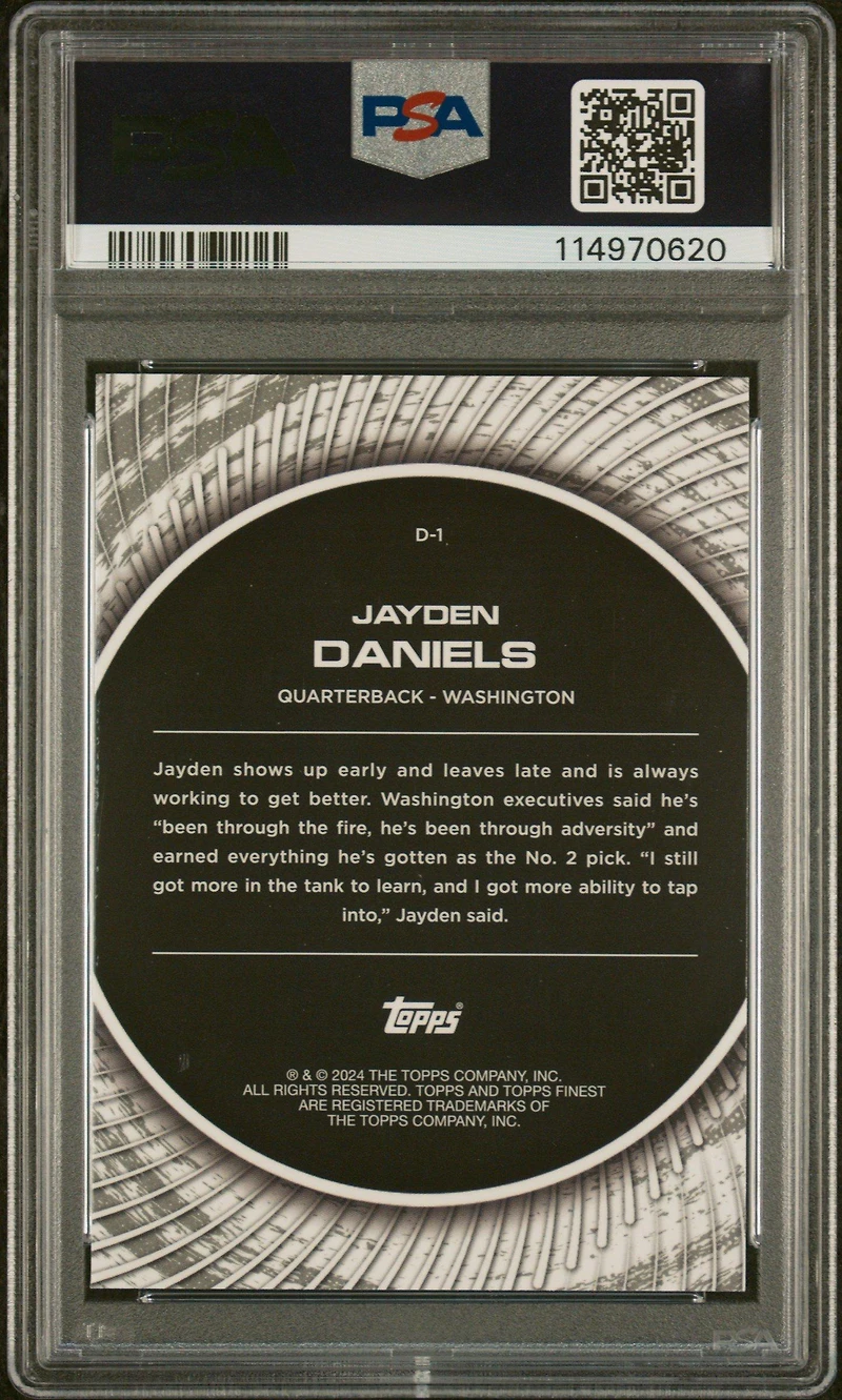2024 Topps Finest Debut D1 Jayden Daniels Sky Blue Refractor PSA 10
