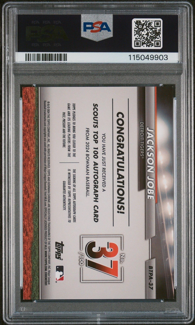 2024 Bowman Bowman Scouts' Top 100 Autographs 37 Jackson Jobe PSA 9
