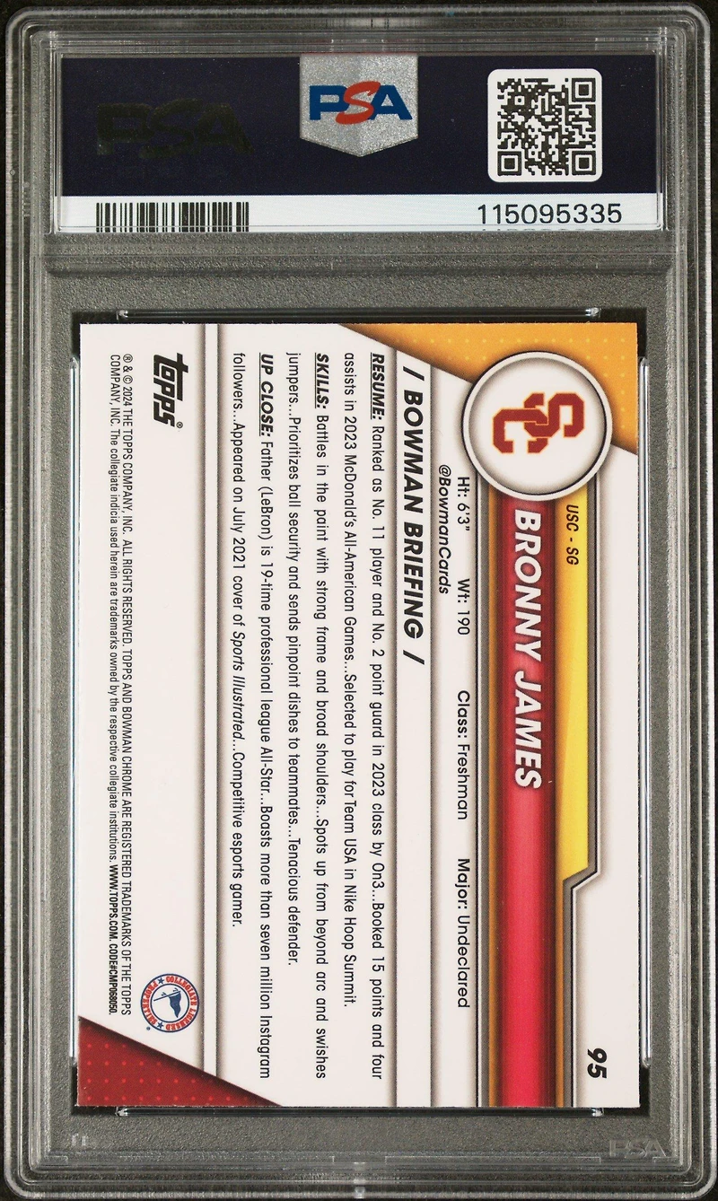 2023 Bowman University Chrome Sapphire 95 Bronny James PSA 10