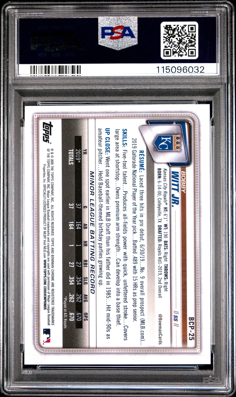 2020 Bowman Chrome Mega Box Bcp25 Bobby Witt Jr. PSA