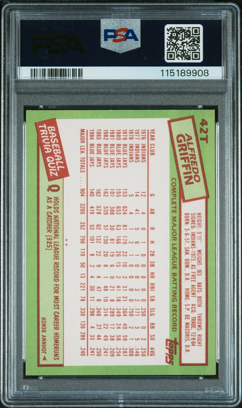 1985 Topps Traded 42t Alfredo Griffin PSA 9