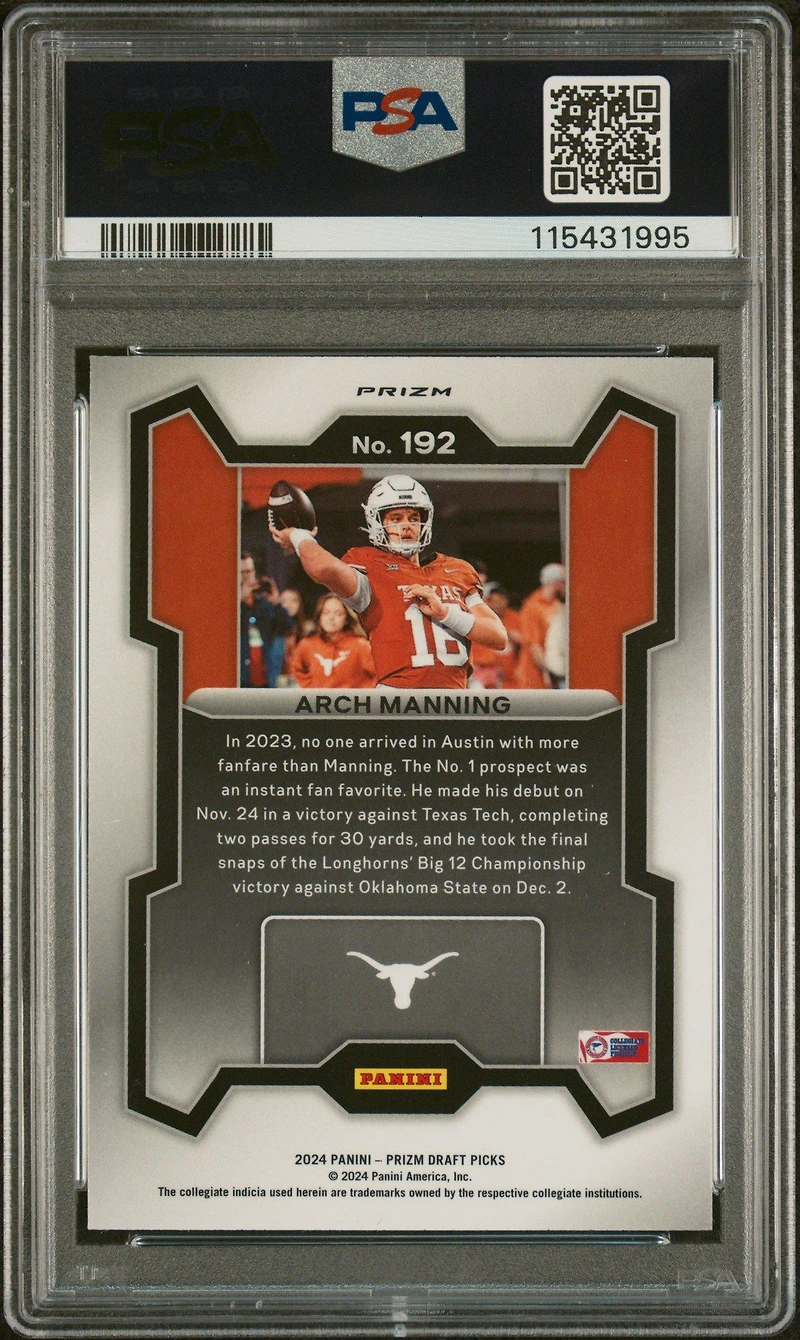 2024 Panini Prizm Draft Picks 192 Arch Manning Purple Wave PSA 9