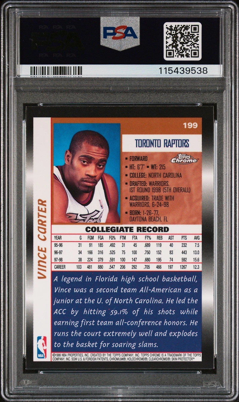 1998 Topps Chrome 199 Vince Carter PSA 8