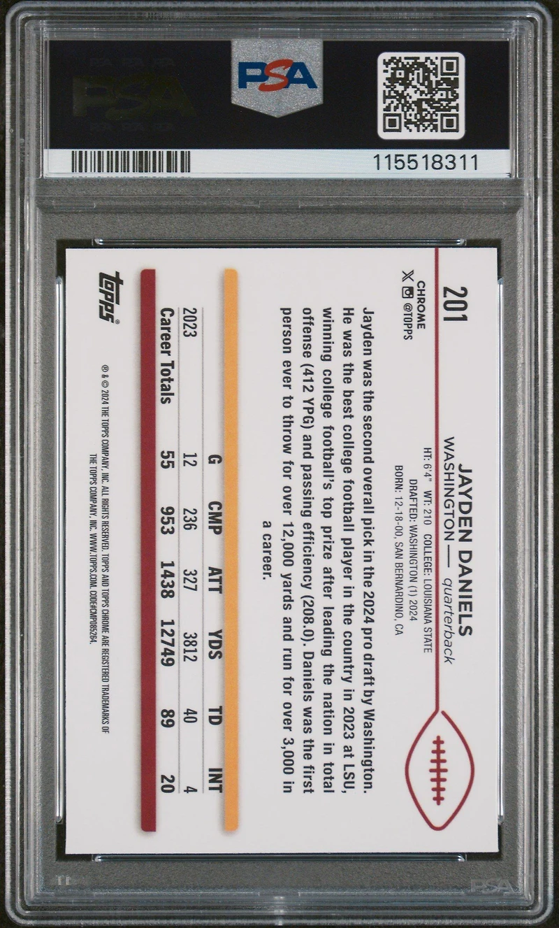 2024 Topps Chrome 201 Jayden Daniels Negative Refractor PSA 8