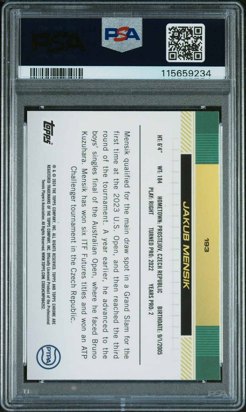 2024 Topps Chrome Tennis 193 Jakub Mensik Pineapple Refractor PSA 9
