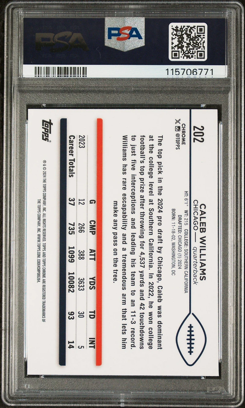 2024 Topps Chrome 202 Caleb Williams X-fractor PSA 10