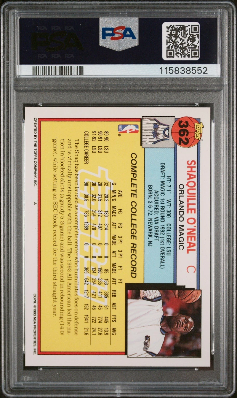 1992 Topps Gold 362 Shaquille O'neal PSA 9
